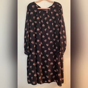 Loft Dress Women’s 26 Black Cream Floral Midi Cottagecore Lined Pleated Feminine